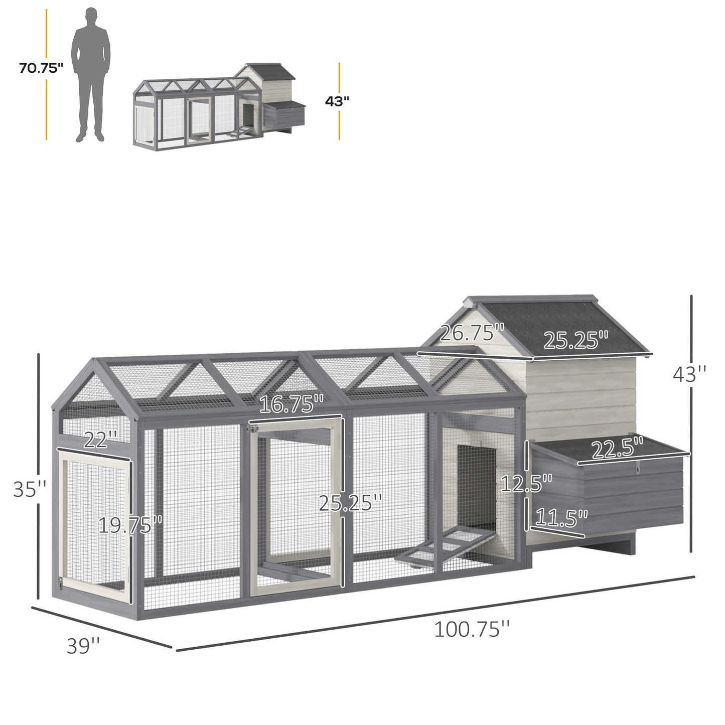 Large Chicken Coop Wooden Poultry Hen House Rabbit Hutch Backyard with Double Run Nesting Box Gray