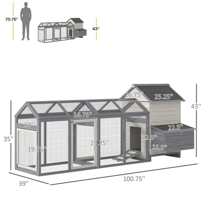 Large Chicken Coop Wooden Poultry Hen House Rabbit Hutch Backyard with Double Run Nesting Box Gray