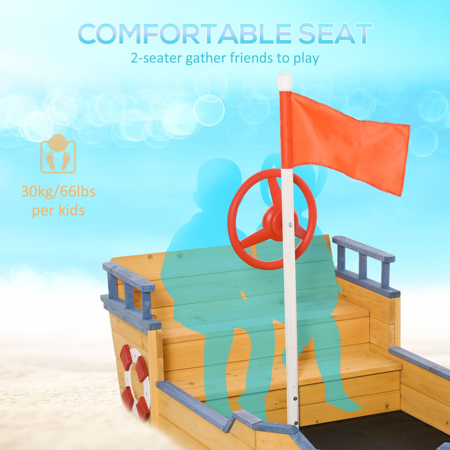 Cedar Wood Kids Sandbox, Pirate Ship Play Boat with Bench Seats and Storage