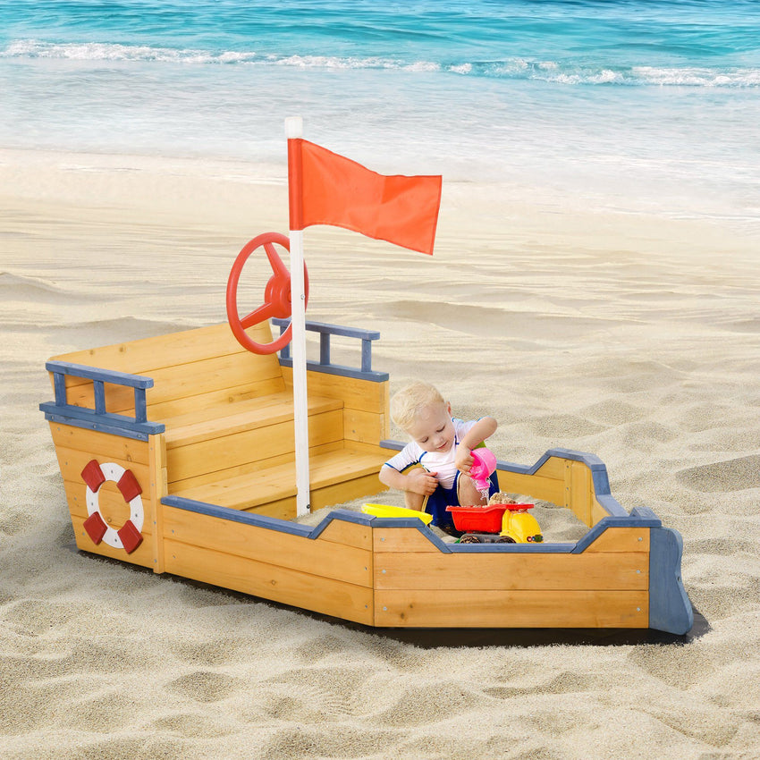 Cedar Wood Kids Sandbox, Pirate Ship Play Boat with Bench Seats and Storage
