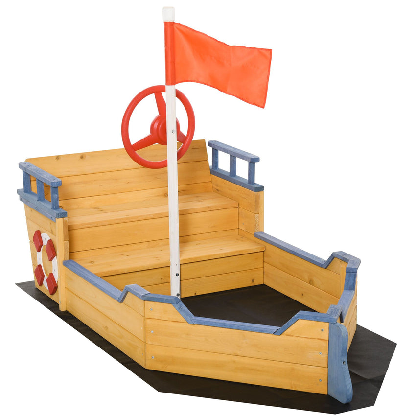 Cedar Wood Kids Sandbox, Pirate Ship Play Boat with Bench Seats and Storage