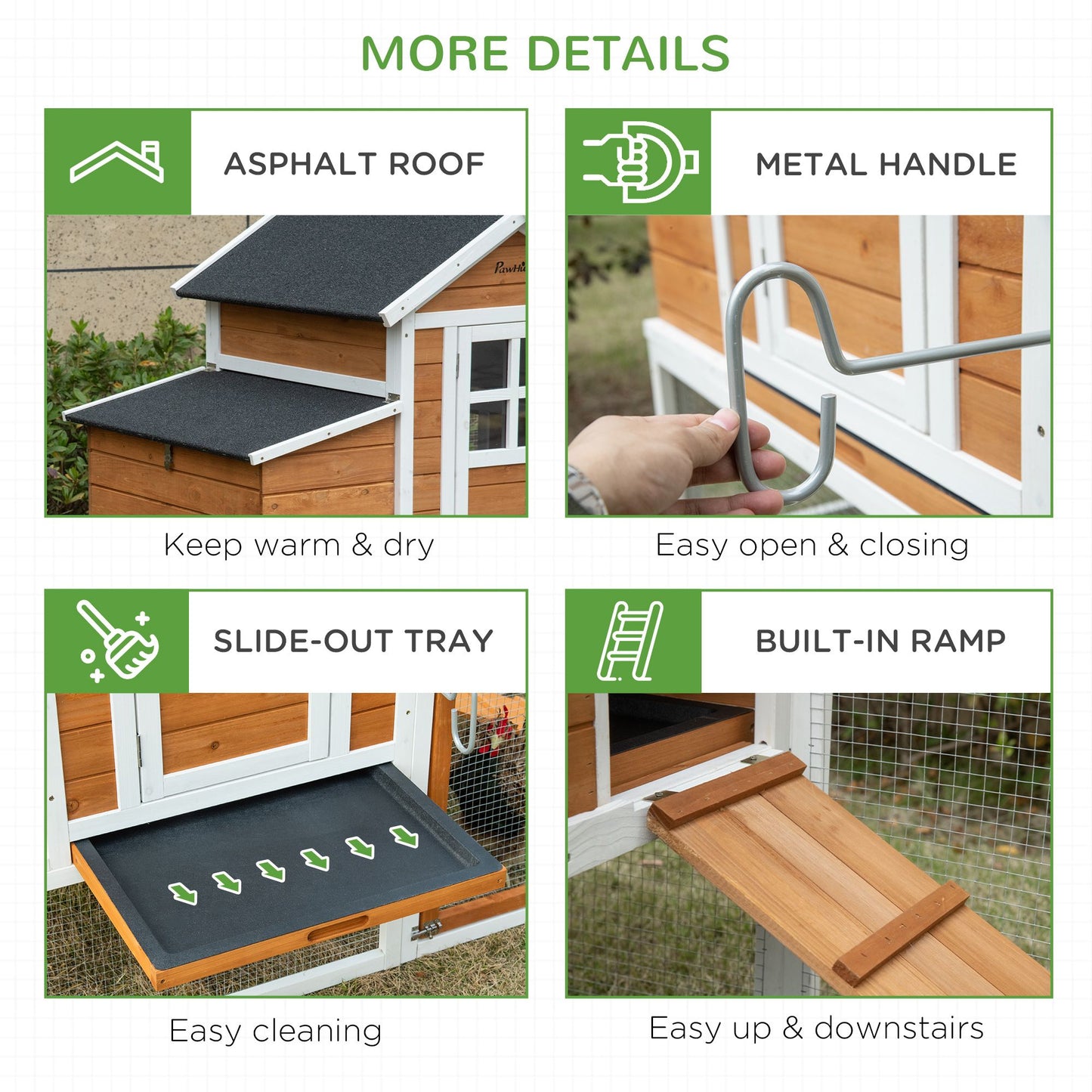 76" Wooden Chicken Coop, Outdoor Hen House Poultry Cage with Glass Slide-Out Tray & Separate Nesting Box, White