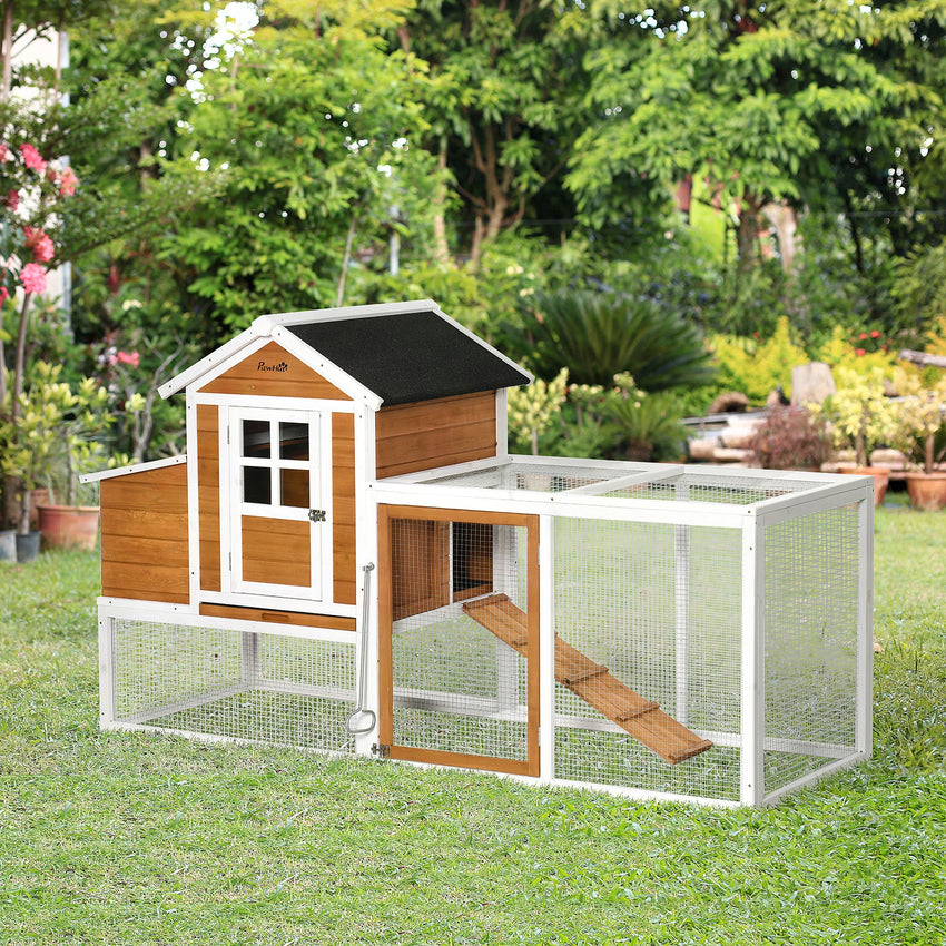 76" Wooden Chicken Coop, Outdoor Hen House Poultry Cage with Glass Slide-Out Tray & Separate Nesting Box, White
