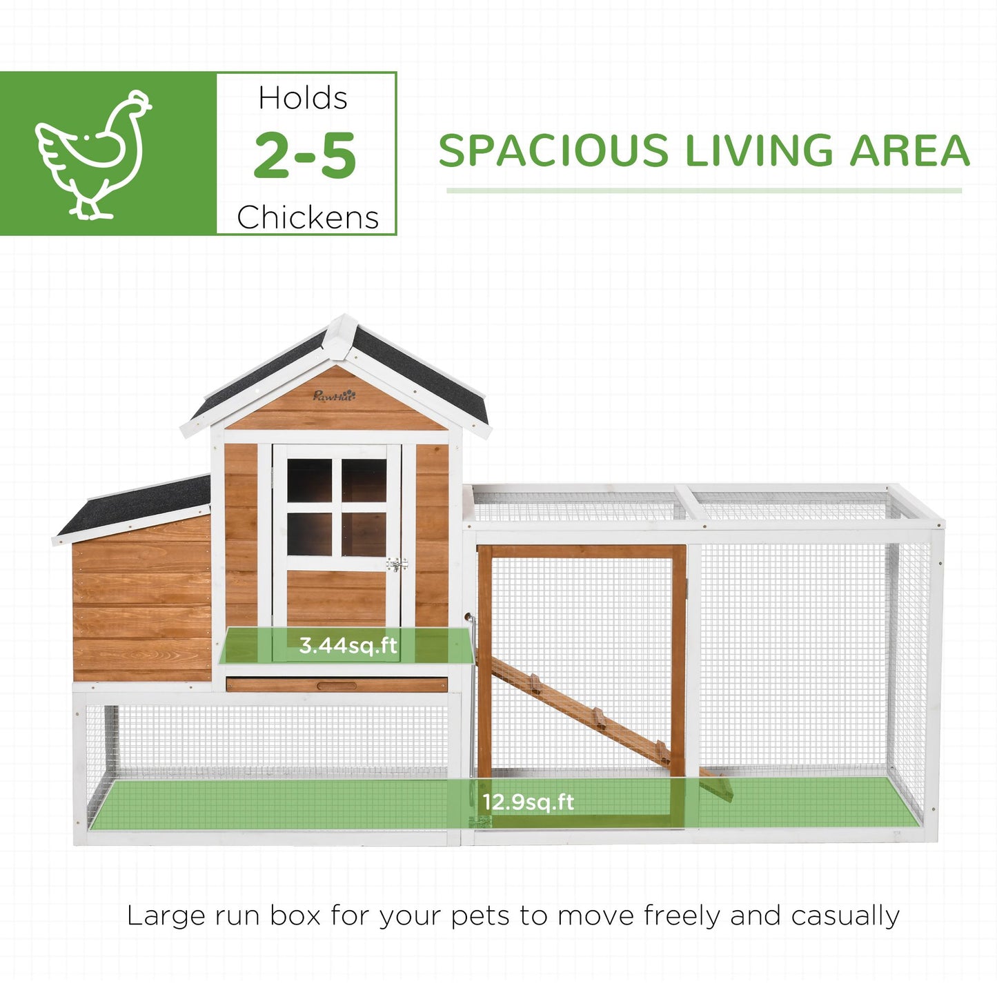 76" Wooden Chicken Coop, Outdoor Hen House Poultry Cage with Glass Slide-Out Tray & Separate Nesting Box, White