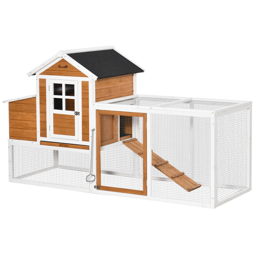 76" Wooden Chicken Coop, Outdoor Hen House Poultry Cage with Glass Slide-Out Tray & Separate Nesting Box, White