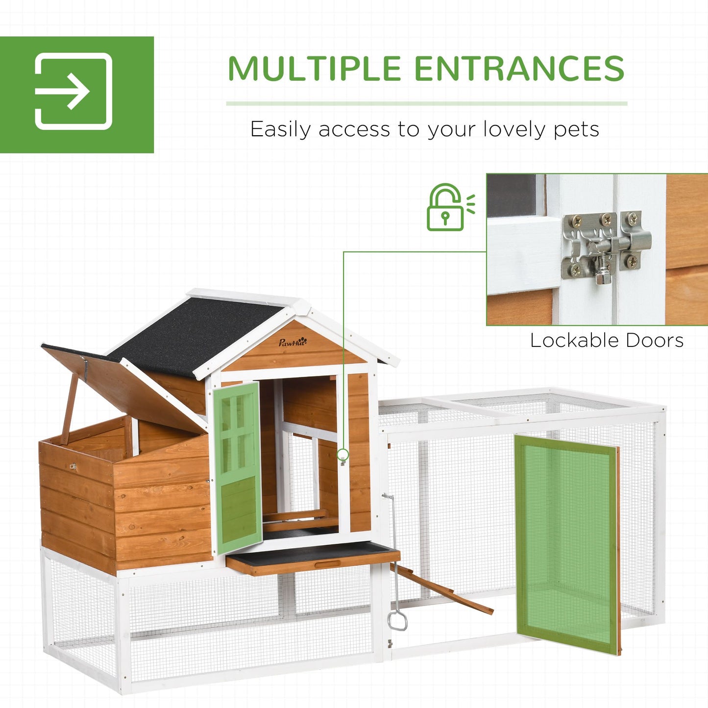 76" Wooden Chicken Coop, Outdoor Hen House Poultry Cage with Glass Slide-Out Tray & Separate Nesting Box, White