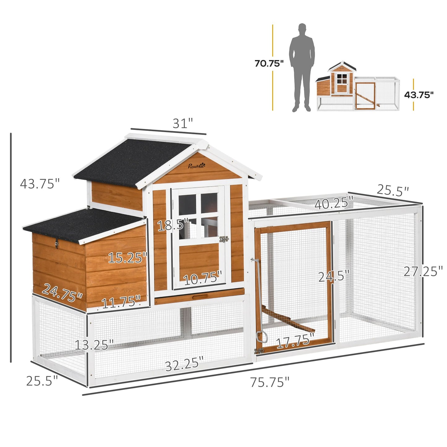 76" Wooden Chicken Coop, Outdoor Hen House Poultry Cage with Glass Slide-Out Tray & Separate Nesting Box, White
