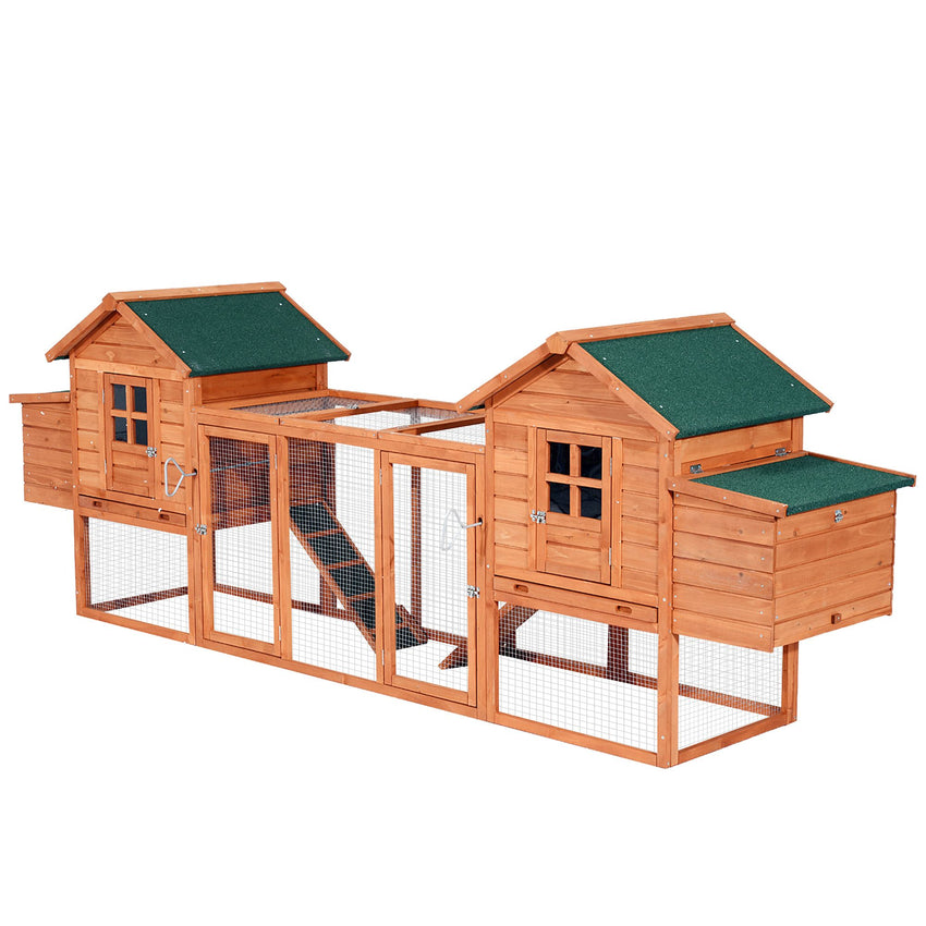 Wooden Chicken Coop 124" Dual Large Hen House Rabbit Hutch with Outdoor Ramps Nesting Boxes Natural