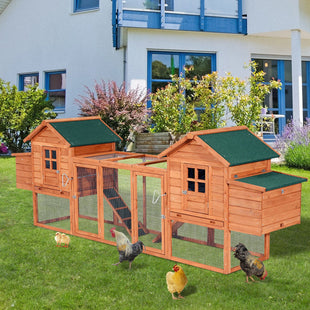 Wooden Chicken Coop 124" Dual Large Hen House Rabbit Hutch with Outdoor Ramps Nesting Boxes Natural
