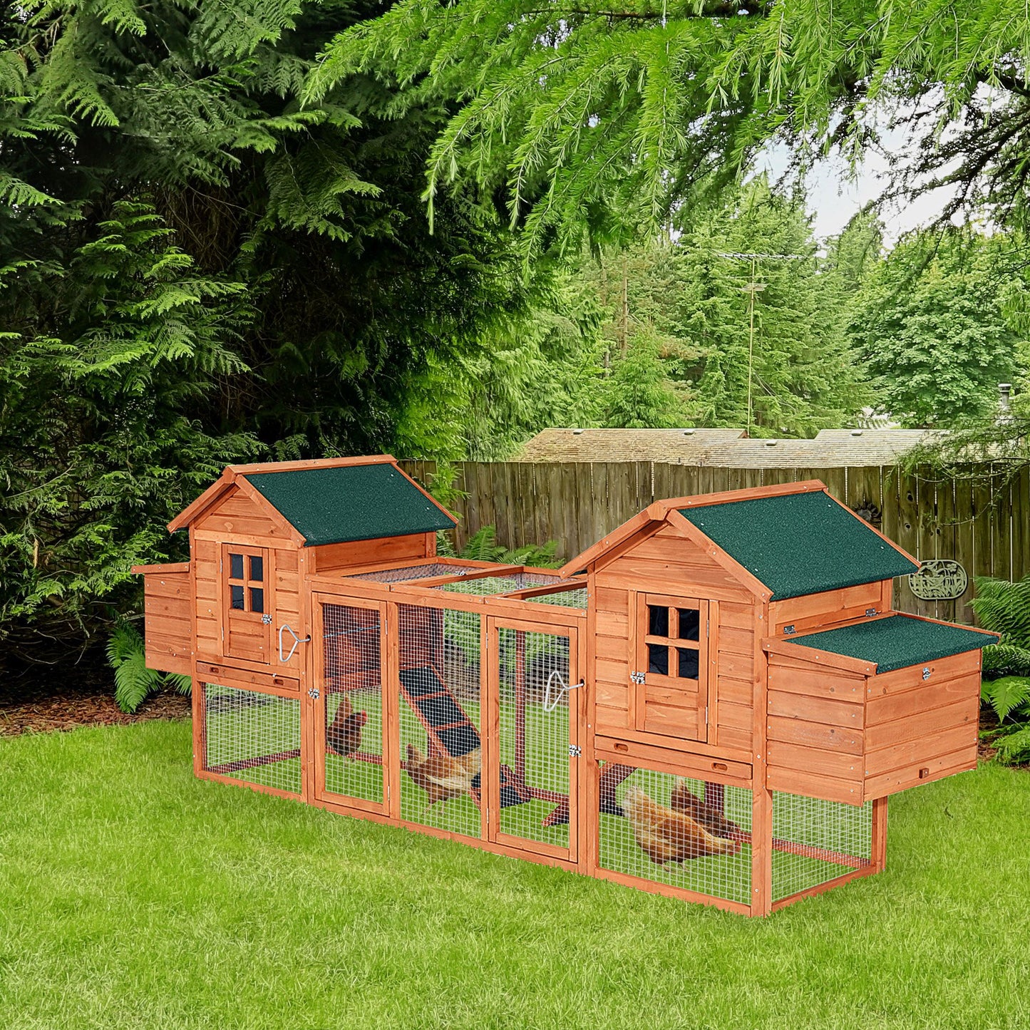 Wooden Chicken Coop 124" Dual Large Hen House Rabbit Hutch with Outdoor Ramps Nesting Boxes Natural