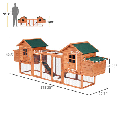 Wooden Chicken Coop 124" Dual Large Hen House Rabbit Hutch with Outdoor Ramps Nesting Boxes Natural