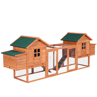 Wooden Chicken Coop 124" Dual Large Hen House Rabbit Hutch with Outdoor Ramps Nesting Boxes Natural