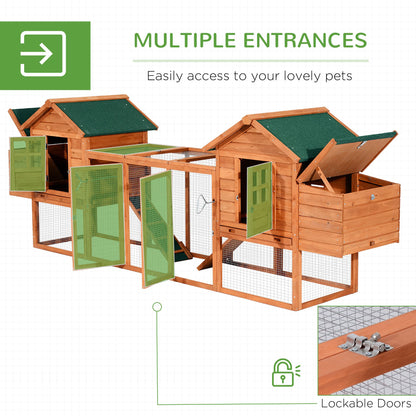 Wooden Chicken Coop 124" Dual Large Hen House Rabbit Hutch with Outdoor Ramps Nesting Boxes Natural