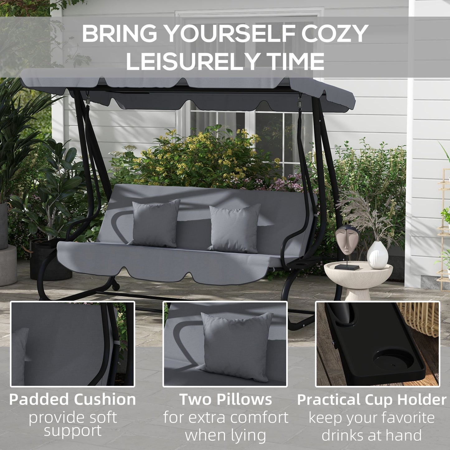 Swing Bench Free Standing Porch with Adjustable Canopy Cushion and Pillows