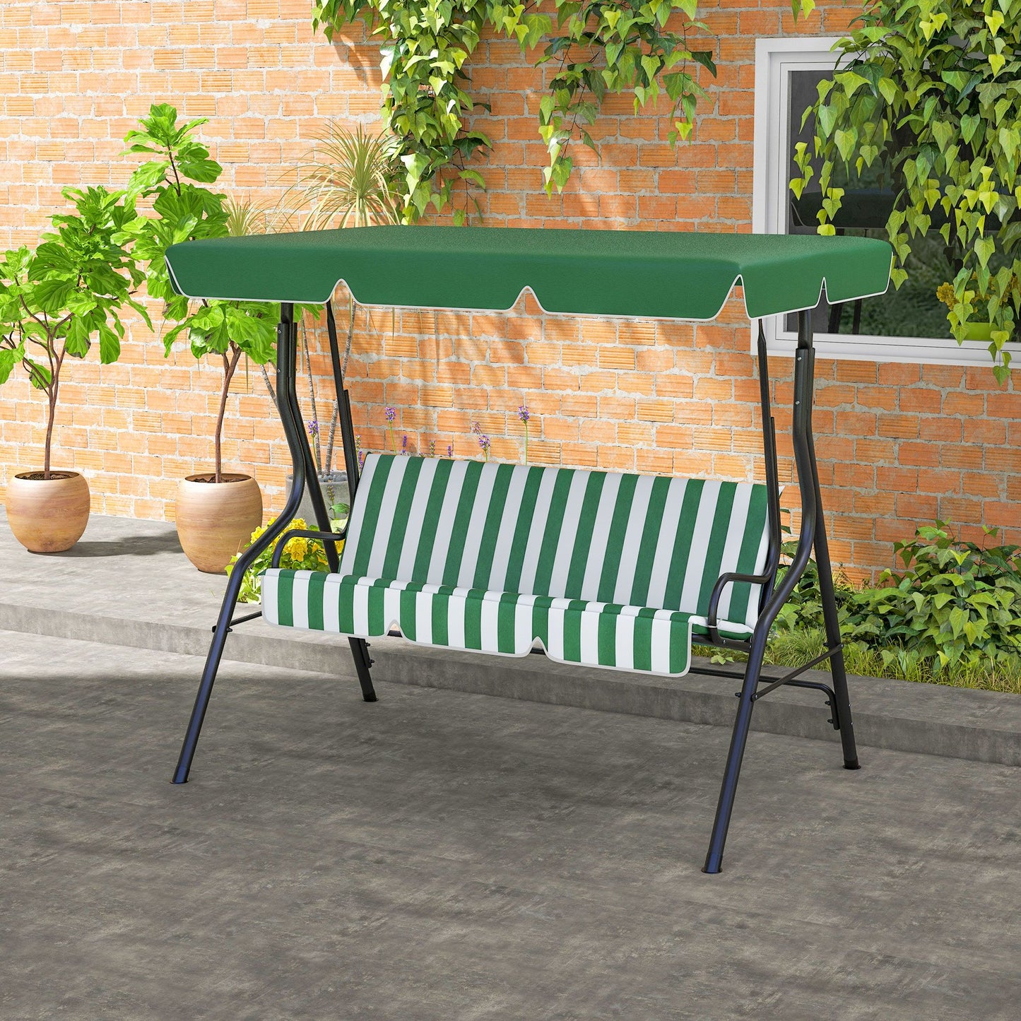 3-Person Porch Swing with Canopy Outdoor Patio Swing Chair for Adults, Steel Frame, Cushions, Armrests, Green