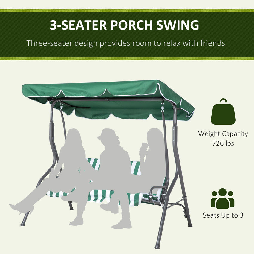 3-Person Porch Swing with Canopy Outdoor Patio Swing Chair for Adults, Steel Frame, Cushions, Armrests, Green