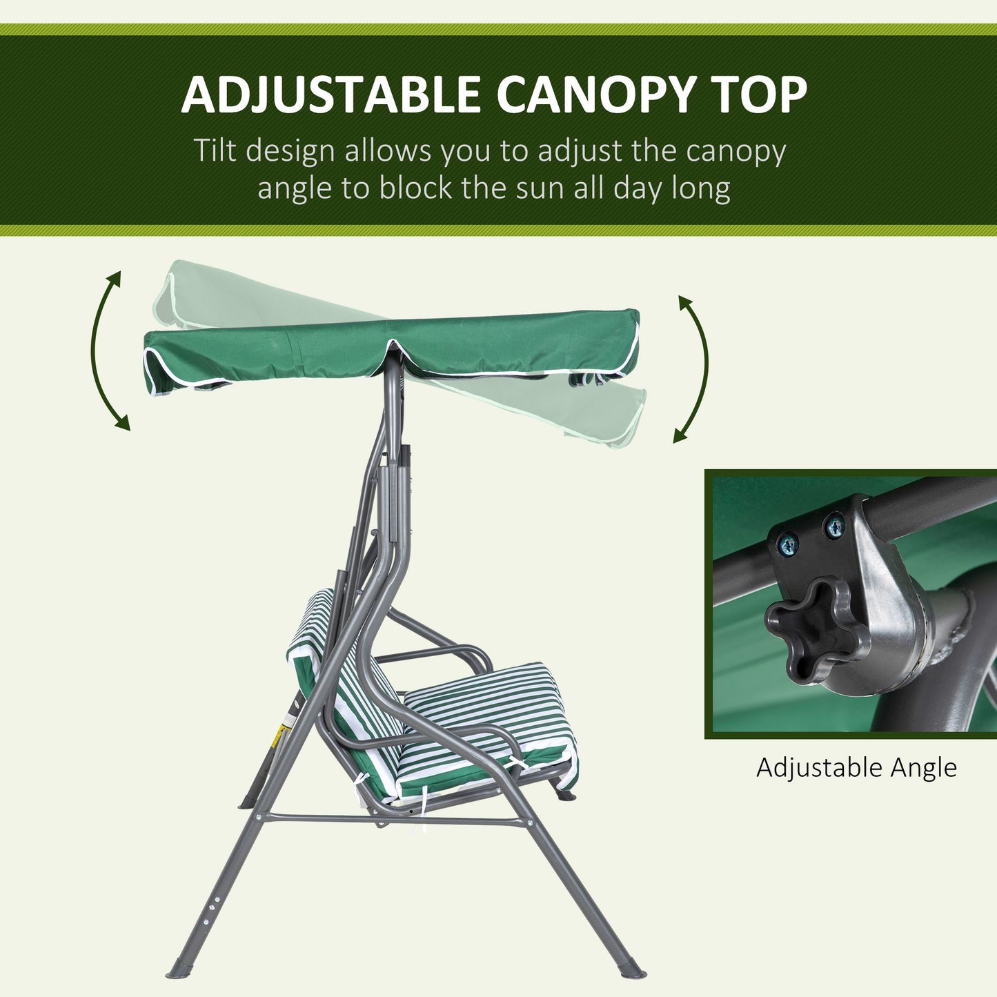 3-Person Porch Swing with Canopy Outdoor Patio Swing Chair for Adults, Steel Frame, Cushions, Armrests, Green
