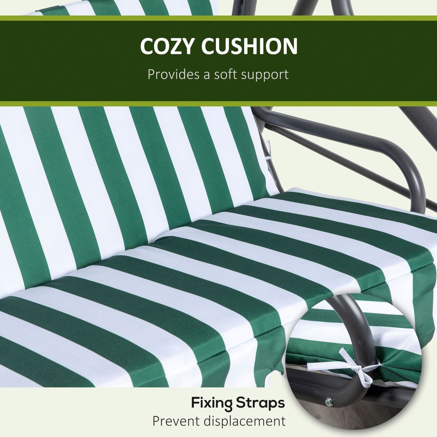 3-Person Porch Swing with Canopy Outdoor Patio Swing Chair for Adults, Steel Frame, Cushions, Armrests, Green