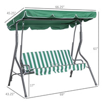 3-Person Porch Swing with Canopy Outdoor Patio Swing Chair for Adults, Steel Frame, Cushions, Armrests, Green