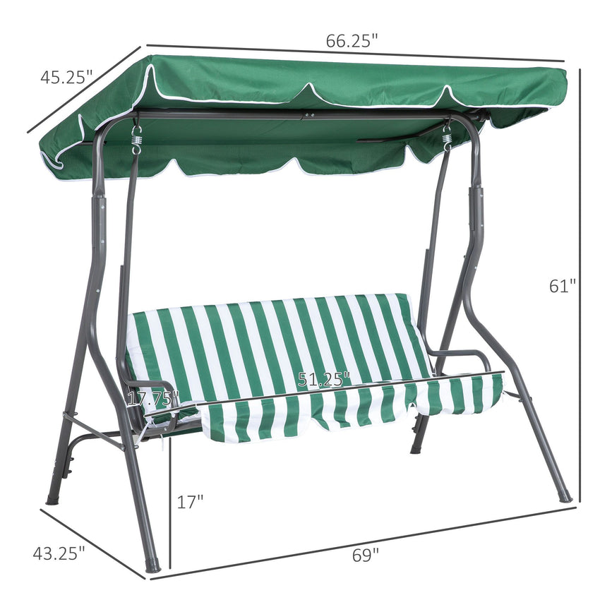 3-Person Porch Swing with Canopy Outdoor Patio Swing Chair for Adults, Steel Frame, Cushions, Armrests, Green