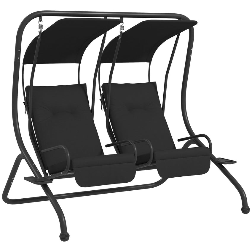 2-Seat Outdoor Porch Swing, with Independent Seat Swing, Cushion, Anti-Slip Foot Pads, Cup Trays, for Patio, Garden, Black
