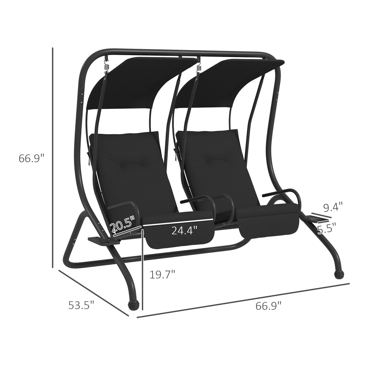 2-Seat Outdoor Porch Swing, with Independent Seat Swing, Cushion, Anti-Slip Foot Pads, Cup Trays, for Patio, Garden, Black