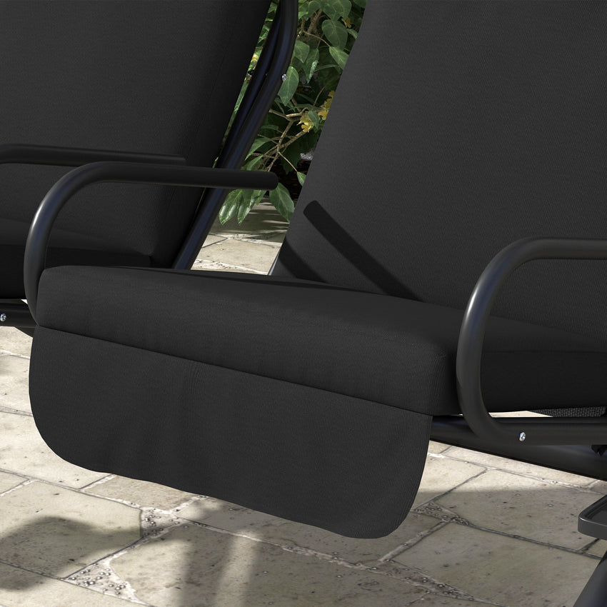 2-Seat Outdoor Porch Swing, with Independent Seat Swing, Cushion, Anti-Slip Foot Pads, Cup Trays, for Patio, Garden, Black