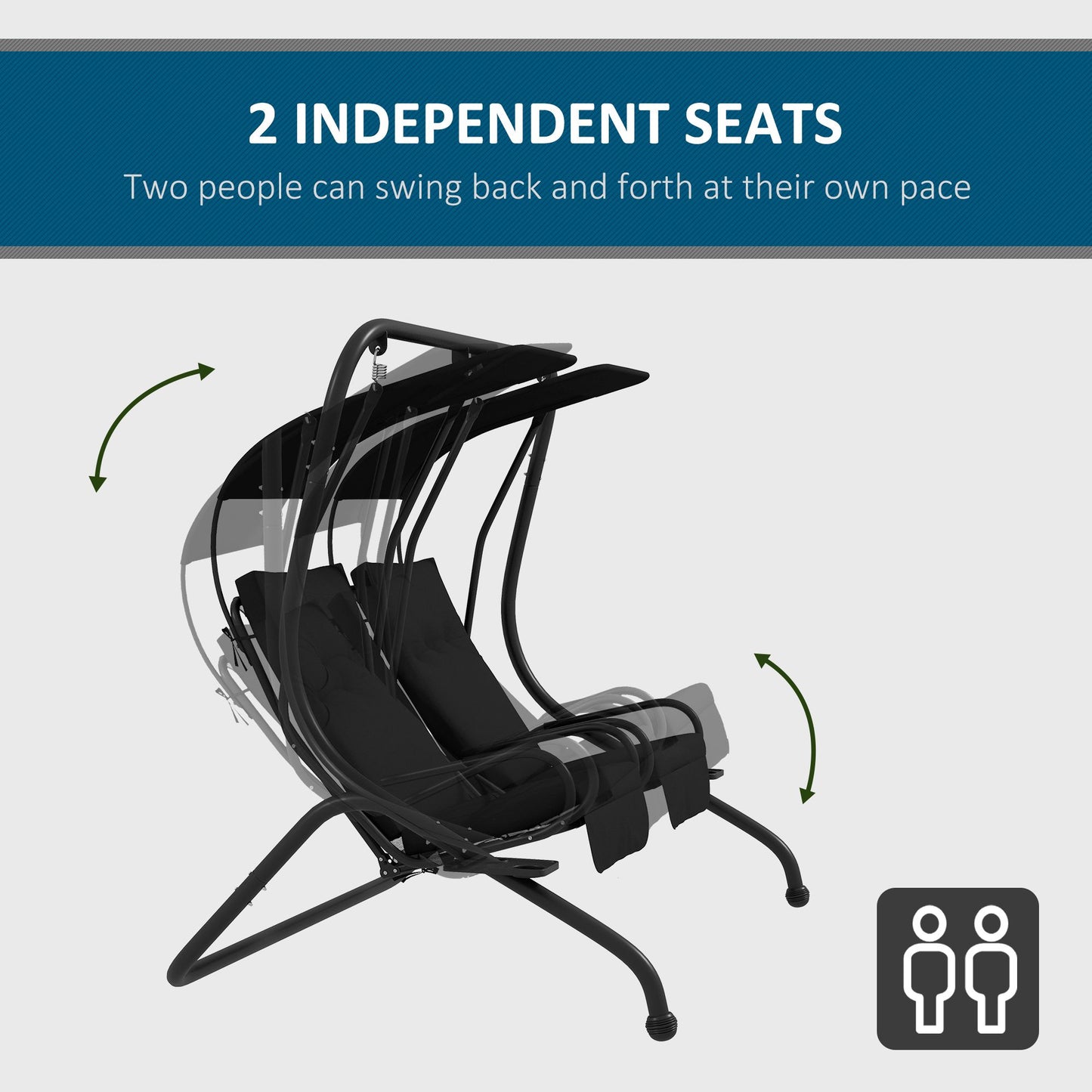 2-Seat Outdoor Porch Swing, with Independent Seat Swing, Cushion, Anti-Slip Foot Pads, Cup Trays, for Patio, Garden, Black