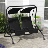 2-Seat Outdoor Porch Swing, with Independent Seat Swing, Cushion, Anti-Slip Foot Pads, Cup Trays, for Patio, Garden, Black