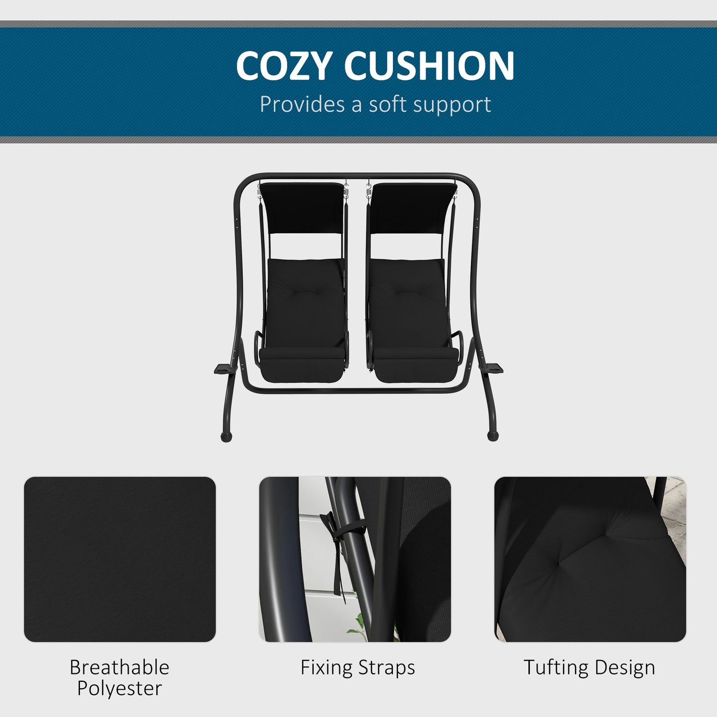 2-Seat Outdoor Porch Swing, with Independent Seat Swing, Cushion, Anti-Slip Foot Pads, Cup Trays, for Patio, Garden, Black