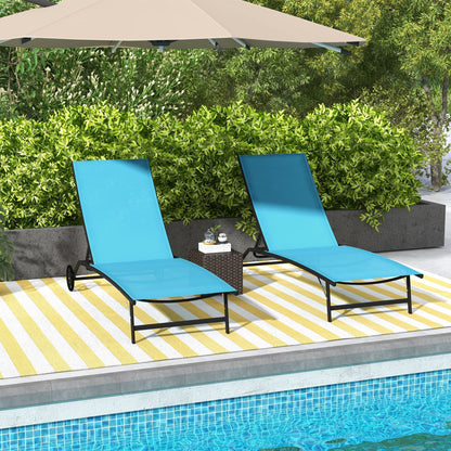 Outdoor Chaise Lounge 2PC, Wheels, 5 Adjustable Positions, Blue