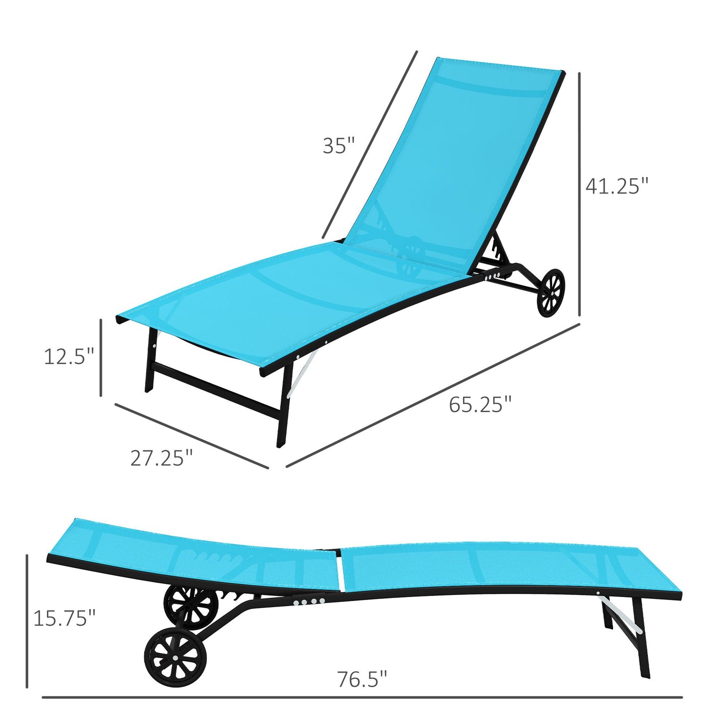 Outdoor Chaise Lounge 2PC, Wheels, 5 Adjustable Positions, Blue