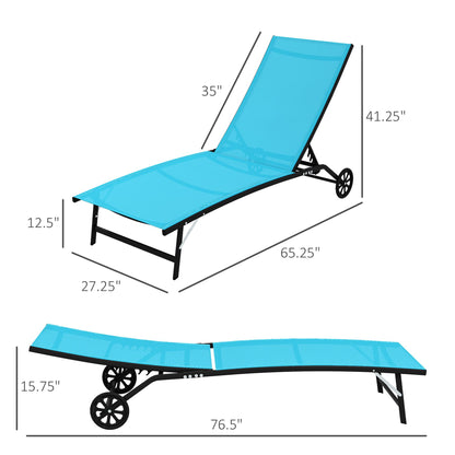 Outdoor Chaise Lounge 2PC, Wheels, 5 Adjustable Positions, Blue