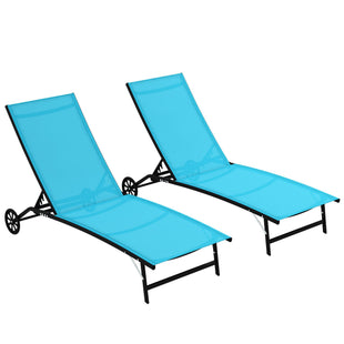 Outdoor Chaise Lounge 2PC, Wheels, 5 Adjustable Positions, Blue