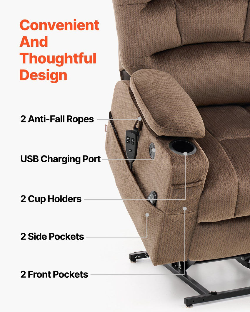 VEVOR Power Lift Recliner Chair, Lift Chair with Heat and Massage for Elderly, Dual Motor Recliner Chair with 2 Cup holders and USB Port, Infinite Position Adjustment Electric Recliner (Large, Brown)