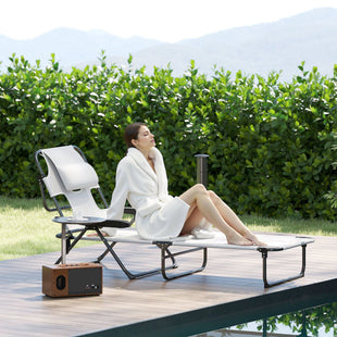 Cream White Folding Lounge Chair with Reclining Back for Outdoor Relaxation