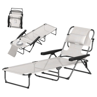 Cream White Folding Lounge Chair with Reclining Back for Outdoor Relaxation