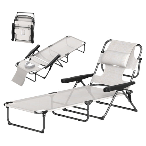 Cream White Folding Lounge Chair with Reclining Back for Outdoor Relaxation
