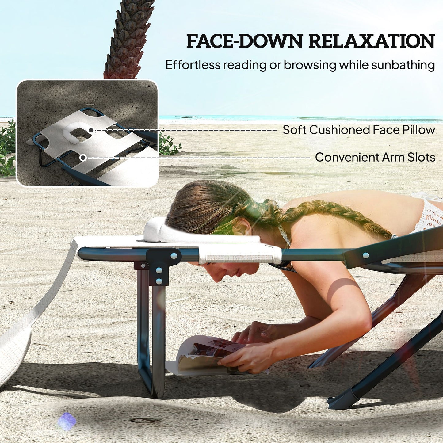 Cream White Folding Lounge Chair with Reclining Back for Outdoor Relaxation