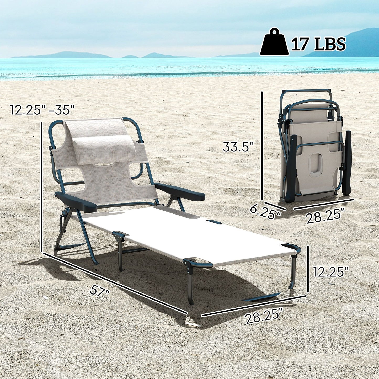 Cream White Folding Lounge Chair with Reclining Back for Outdoor Relaxation