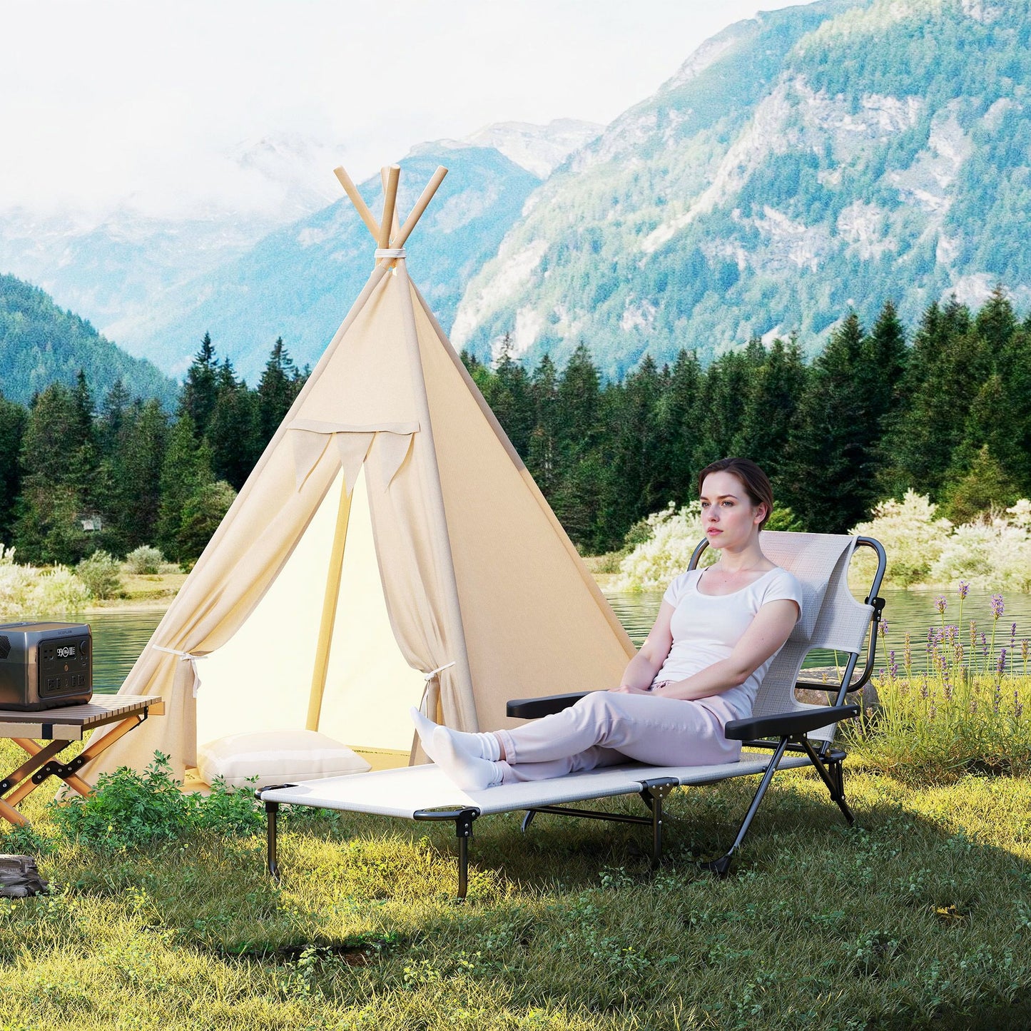 Cream White Folding Lounge Chair with Reclining Back for Outdoor Relaxation