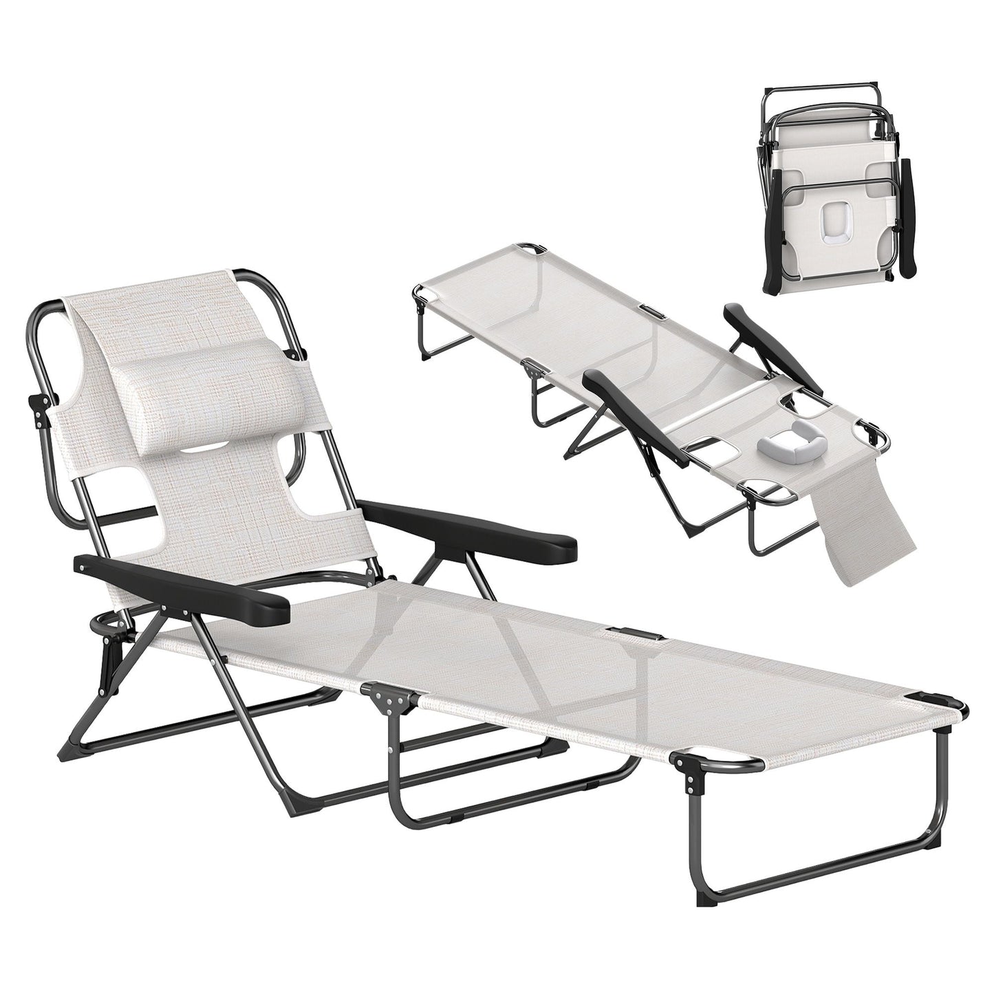 Cream White Folding Lounge Chair with Reclining Back for Outdoor Relaxation