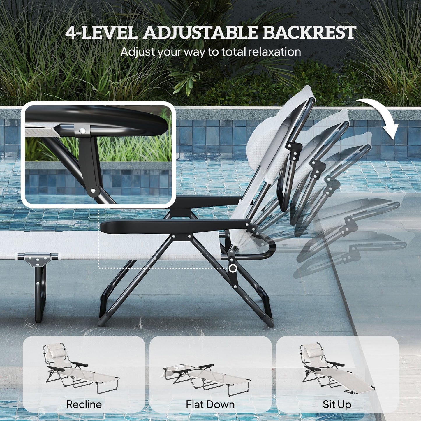 Cream White Folding Lounge Chair with Reclining Back for Outdoor Relaxation