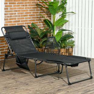 Tanning Lounger: Foldable, 5-Level Back, Reading Hole, Side Pocket, Headrest, Ultimate Relaxation, Black|