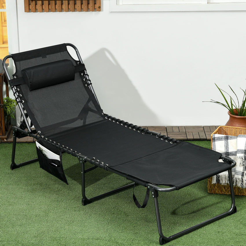 Tanning Lounger: Foldable, 5-Level Back, Reading Hole, Side Pocket, Headrest, Ultimate Relaxation, Black|