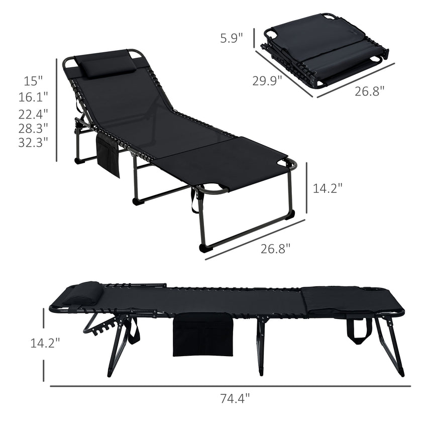 Tanning Lounger: Foldable, 5-Level Back, Reading Hole, Side Pocket, Headrest, Ultimate Relaxation, Black|