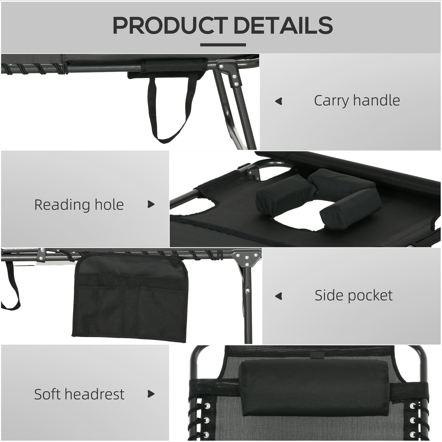Tanning Lounger: Foldable, 5-Level Back, Reading Hole, Side Pocket, Headrest, Ultimate Relaxation, Black|