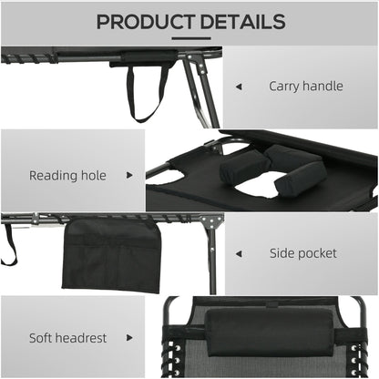 Tanning Lounger: Foldable, 5-Level Back, Reading Hole, Side Pocket, Headrest, Ultimate Relaxation, Black|