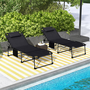 2 Piece Folding Chaise Lounge Pool Chairs Black with 5-level Reclining Back, Reading Hole, Side Pocket for Outdoor Enjoyment