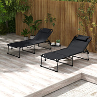 2 Piece Folding Chaise Lounge Pool Chairs Black with 5-level Reclining Back, Reading Hole, Side Pocket for Outdoor Enjoyment